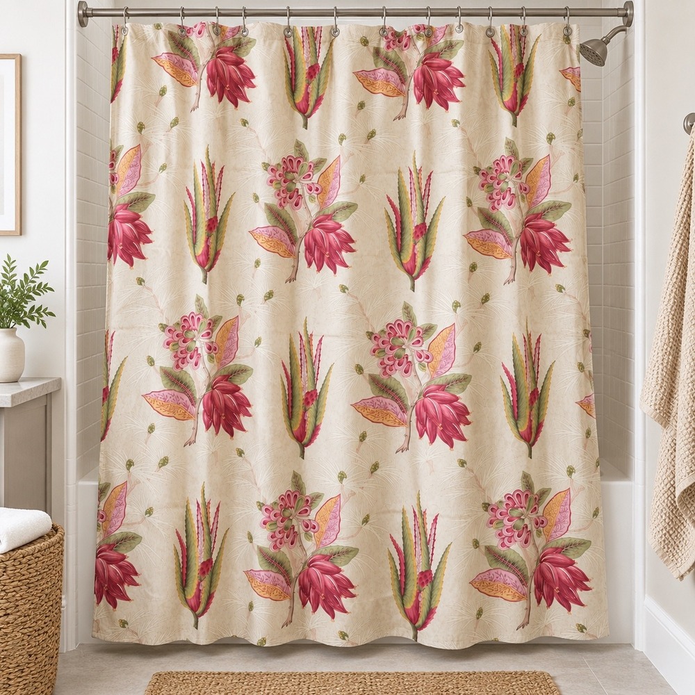 Ralph Lauren Floral Shower Curtain Tan Pink 106x80  Botanical Cotton Weighed
